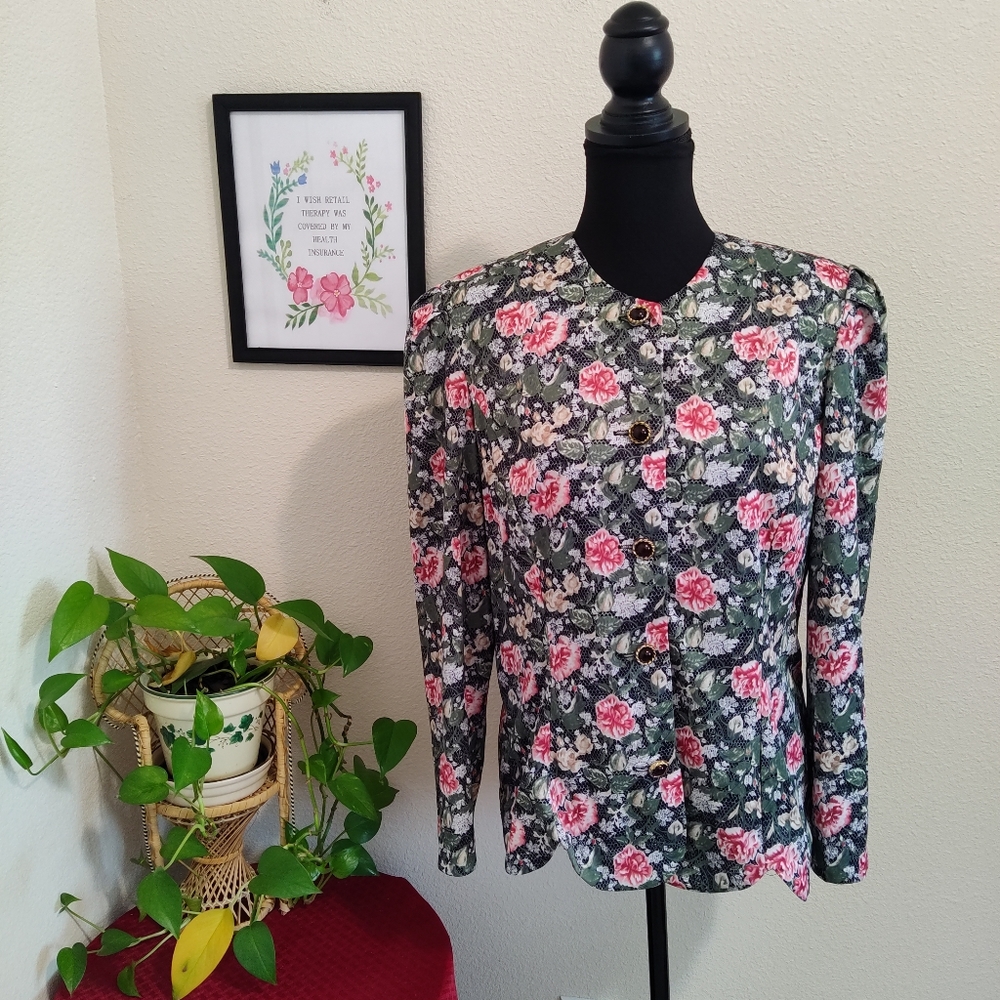 CB Floral Blouse Women's Size 14 Long Sleeve Button Front Puff Shoulder Made USA